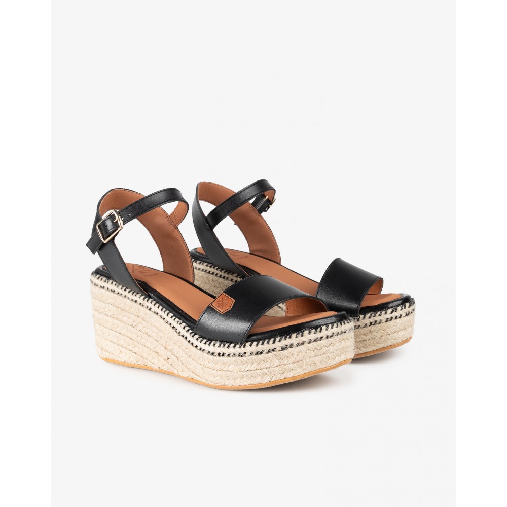 SANDALIA CUÑA YUTE PIEL NEGRO