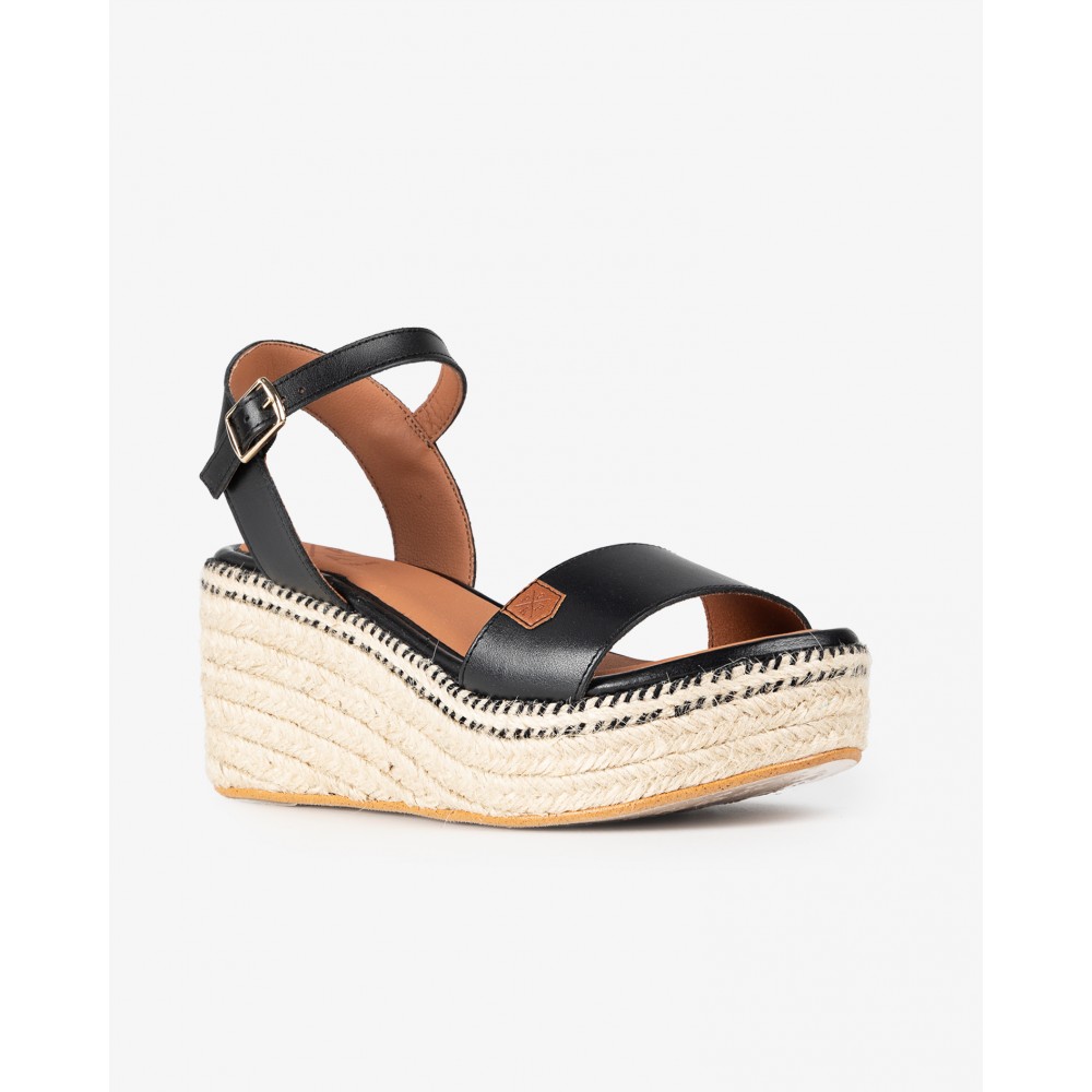 SANDALIA CUÑA YUTE PIEL NEGRO