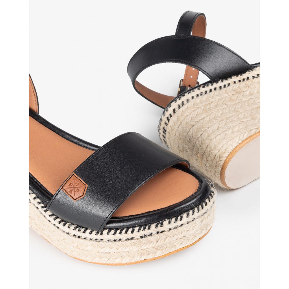 SANDALIA CUÑA YUTE PIEL NEGRO